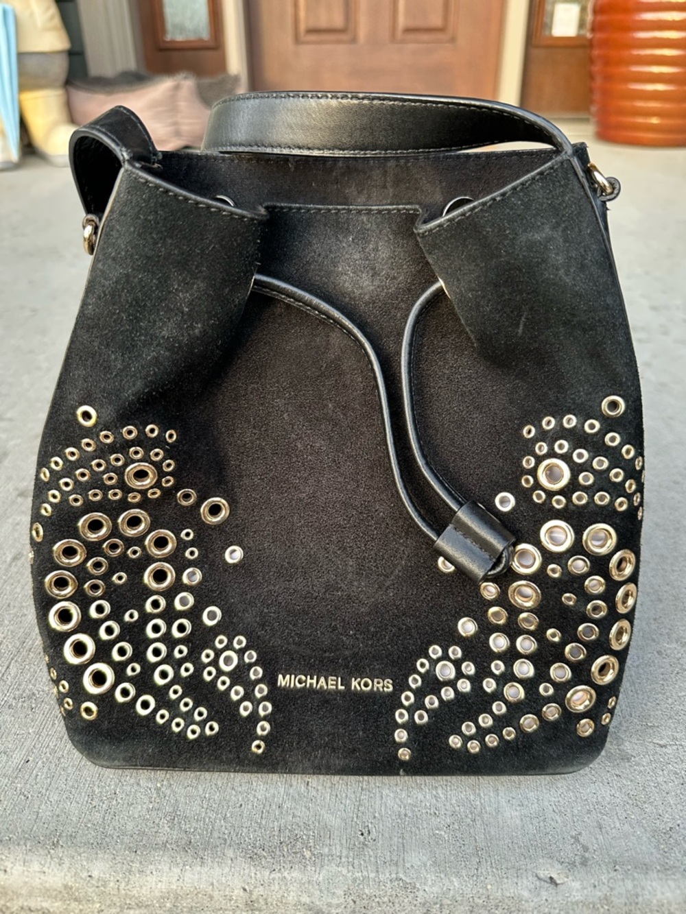 MICHAEL KORS Black Suede Cary Grommet Drawstring Bucket Bag